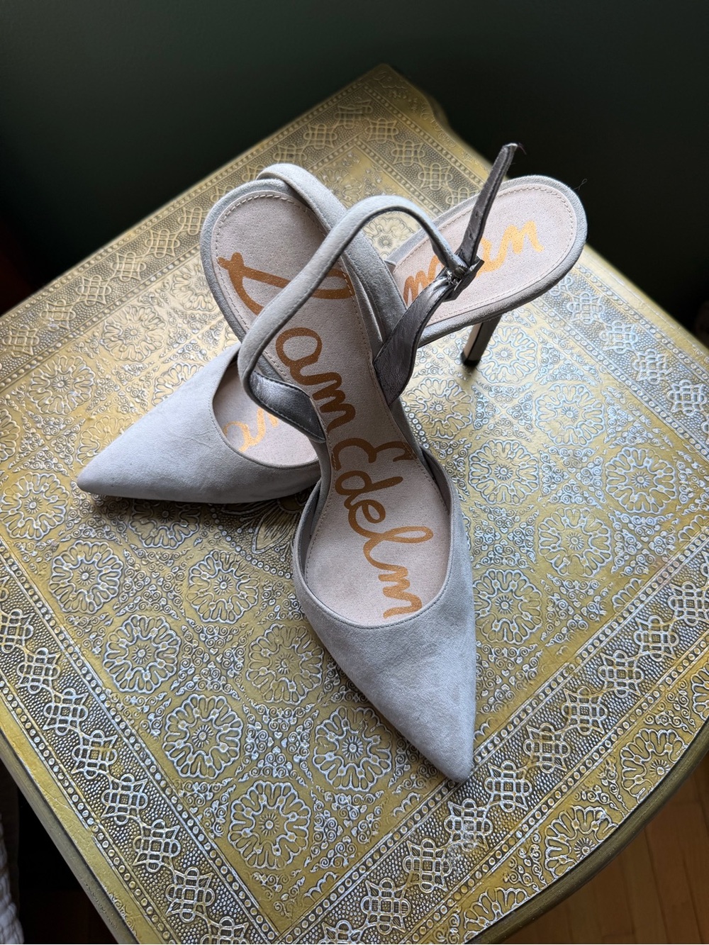 Sam Edelman Light Gray Suede Pointed Slingback Heels